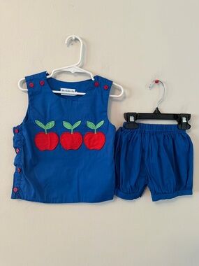 The Bubble Bee Blue Girls Apple Applique Two-Piece Set